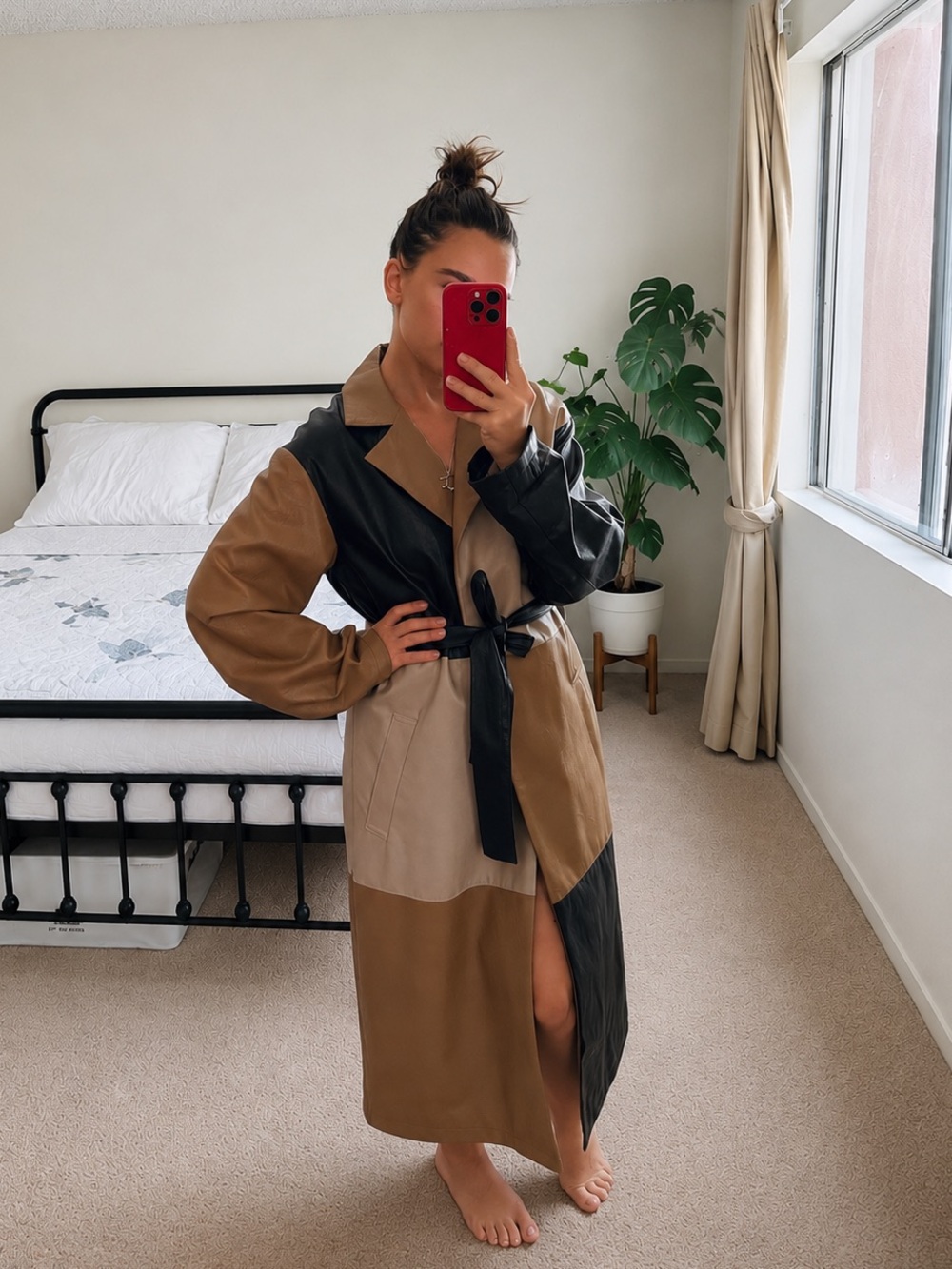 Urban Outfitters Faux Leather Colorblock Trench Coat with belt